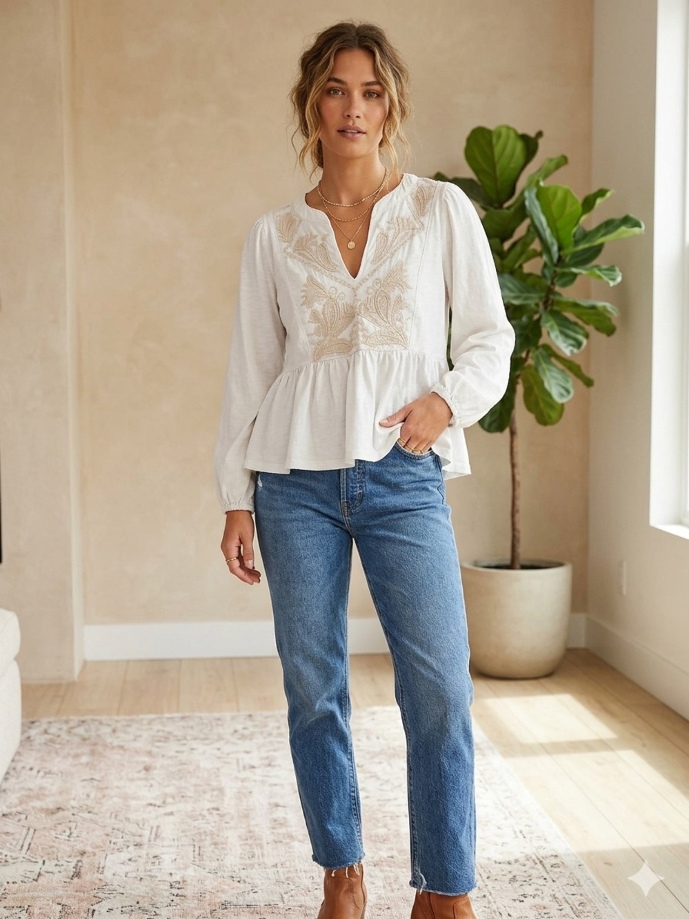 Lucky Brand Boho Western Festival White Peplum Embroidered V-Neck Blouse Size L